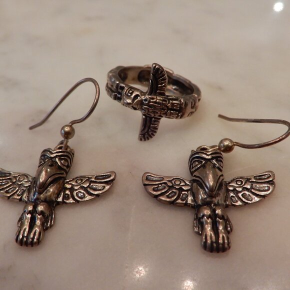 925 Silver Kabana Earrings and Ring Totem Pole Set - Picture 7 of 8